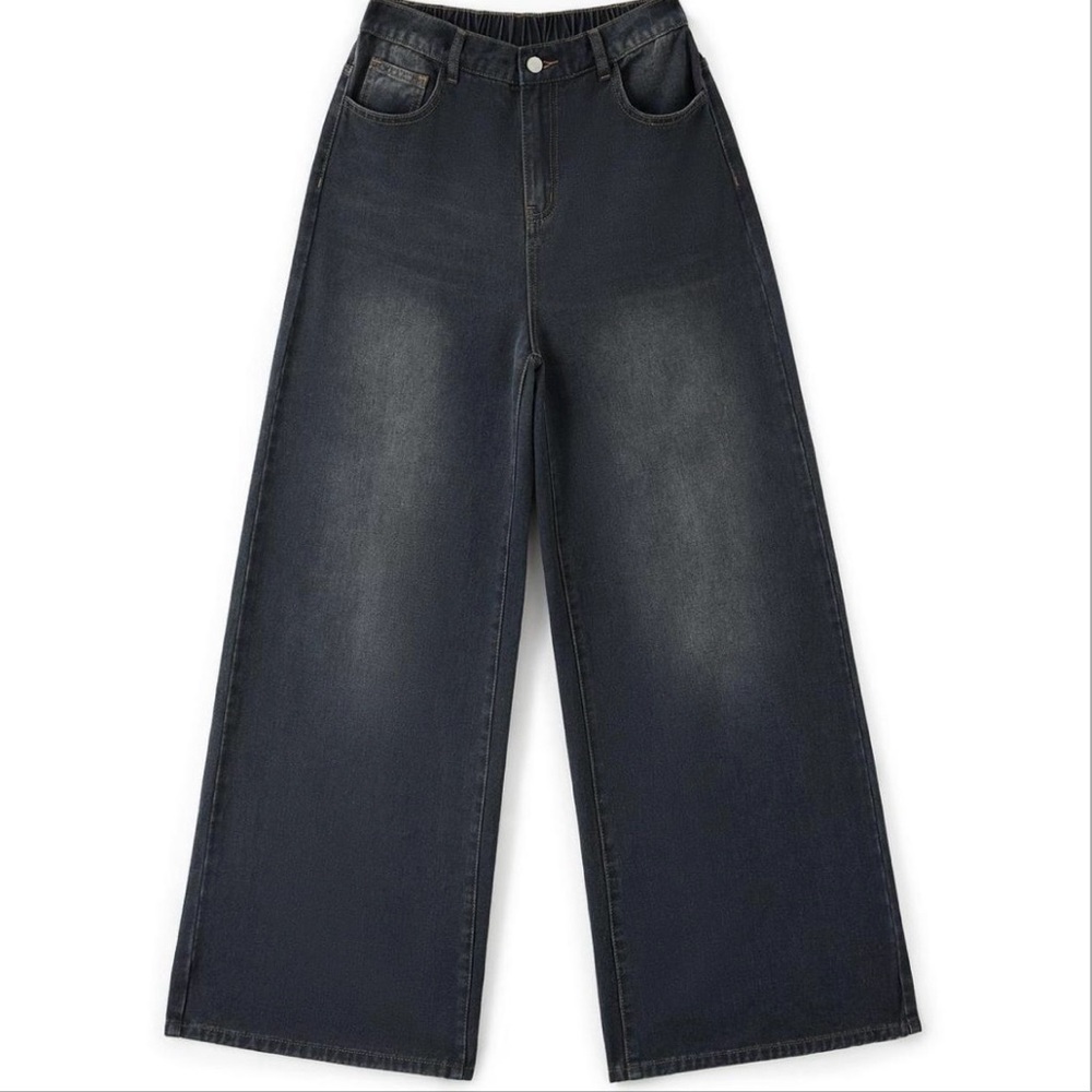 Wide Leg Dark Wash Women Jeans - Blue